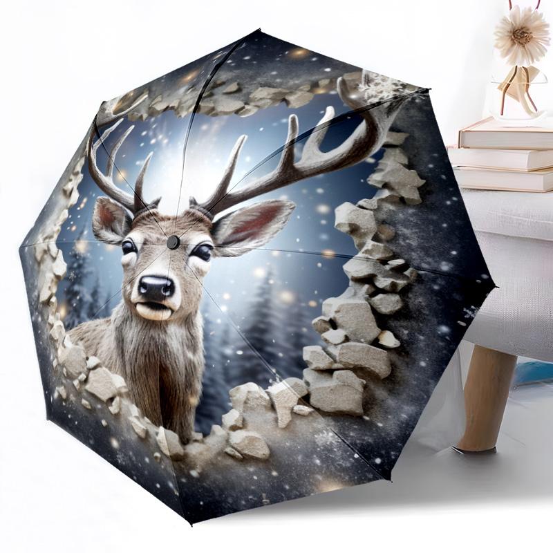 Forest Deer Skull Outdoor Automatic Umbrella Sturdy 8 Rib Durable Plastic Iron Outdoor Daily Use Outdoor Accessory Perfect Gift Friends