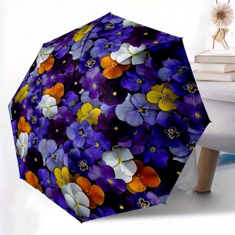 1pc Pansy Flowers Automatic Opening/Closing Folding Umbrella with 51 Ribs, Plastic Handle, Windproof Portable Sunshade Umbrella Halloween an