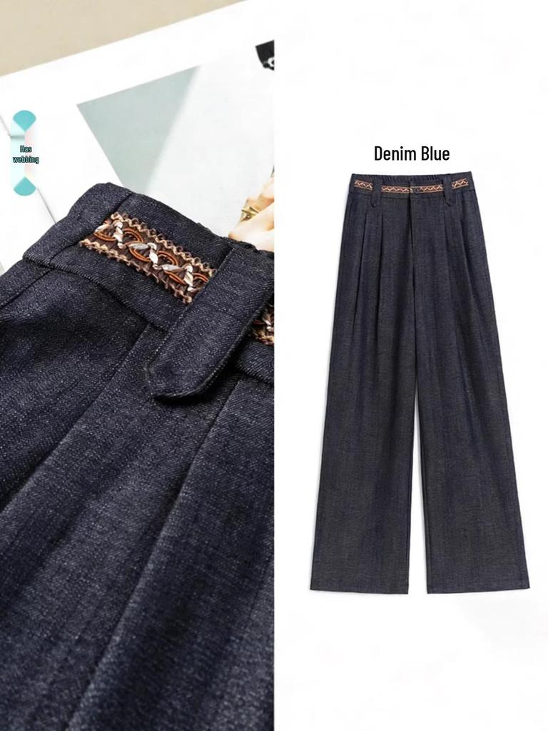 Spring New Silk Lyocell Denim Blue High-Waisted Casual Straight-Leg Pants