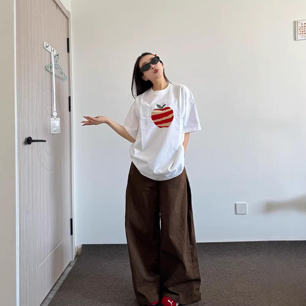 Women's Loose-Fit Pure Cotton Apple Print T-shirt: Short Sleeve, Summer Style