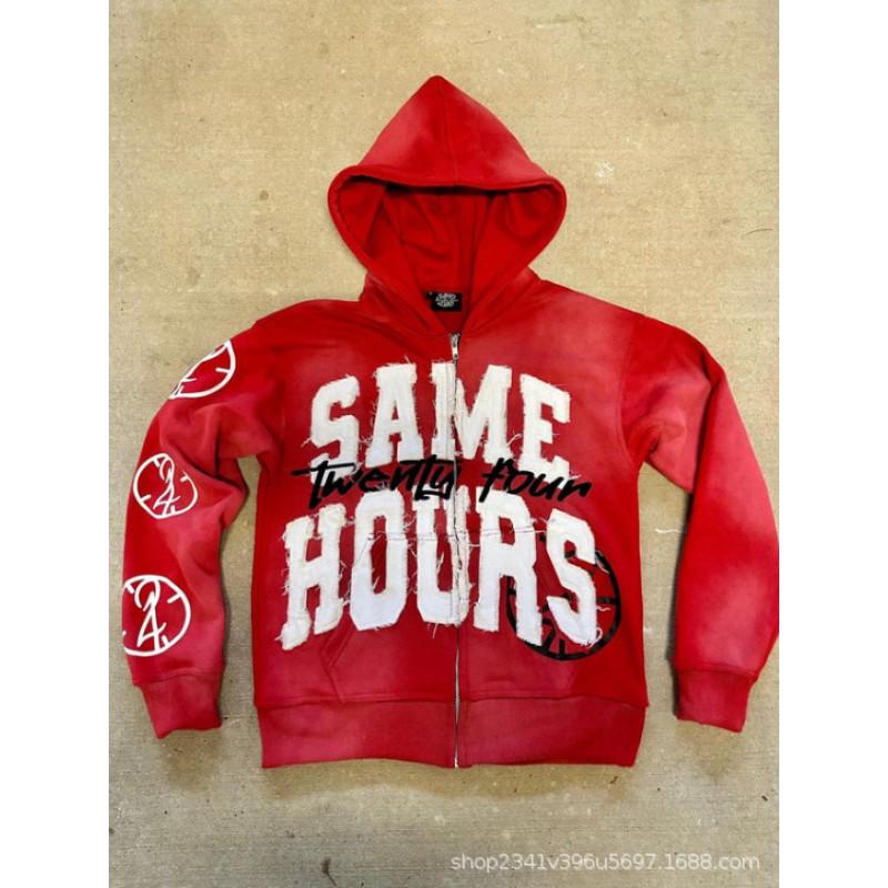 Vintage Letter Patch Print Hooded Cardigan Loose Fit Streetwear Women