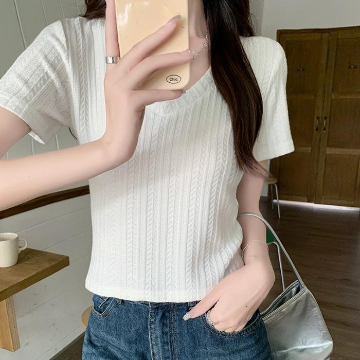 Front shoulder U-neck short-sleeved T-shirt for women's summer pure desire, slim and thin bottom top