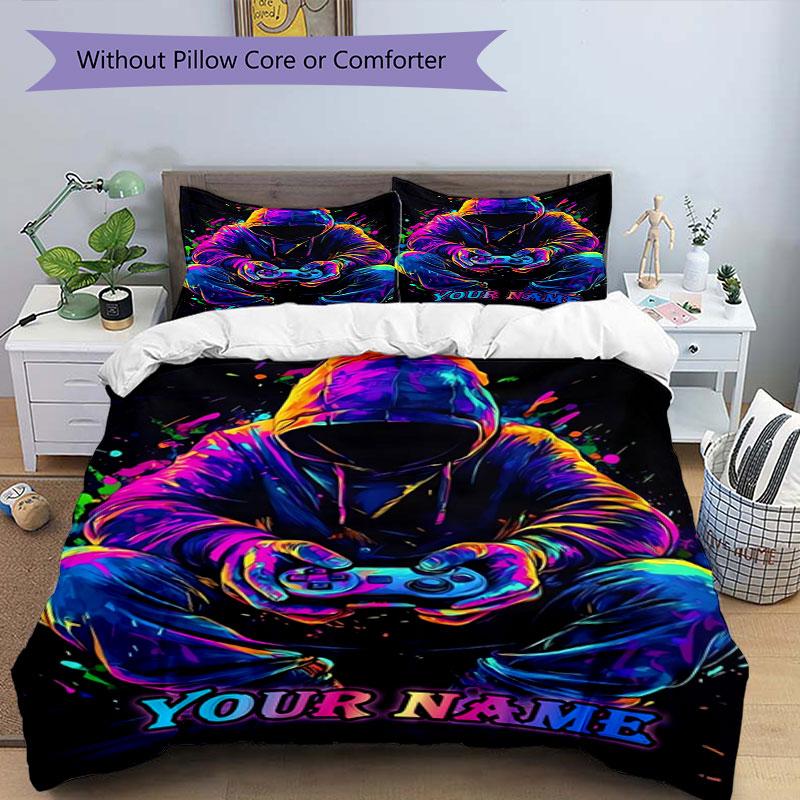 3pcs Custom Name Cyberpunk Neon Bedding Set Printed Bedding Set Duvet Cover Closure Includes 1 Duvet Cover & 2 Pillowcases Bedroom Decor
