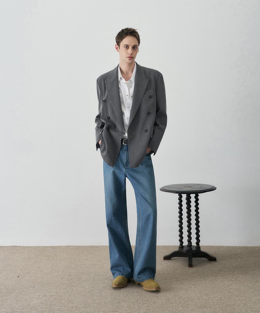Draw Fit Herringbone Tailored Double Blazer [Grey]