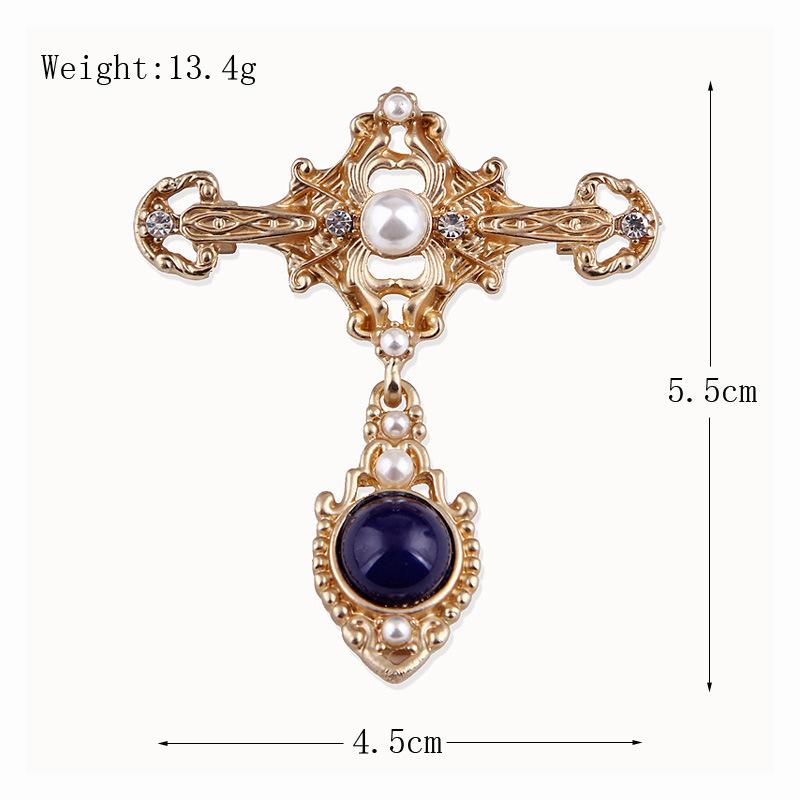 Retro Baroque Cross Openwork Pearl Brooch Pin Exquisite Sapphire Pendant Coat Collar Brooch Corsage Pin for Women