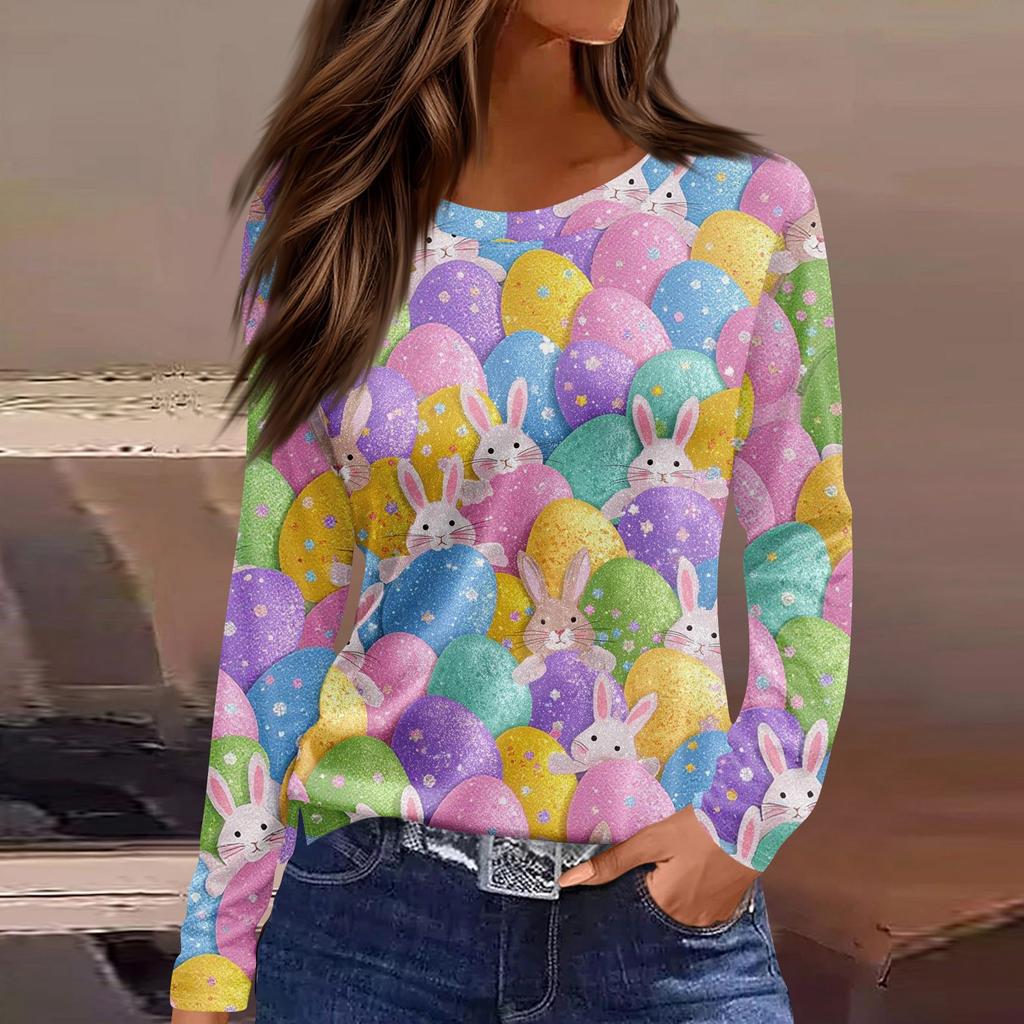 Damska modna, swobodna, rozcięta na dole, okrągły dekolt, długi rękaw, luźny, nadrukowany T-shirt