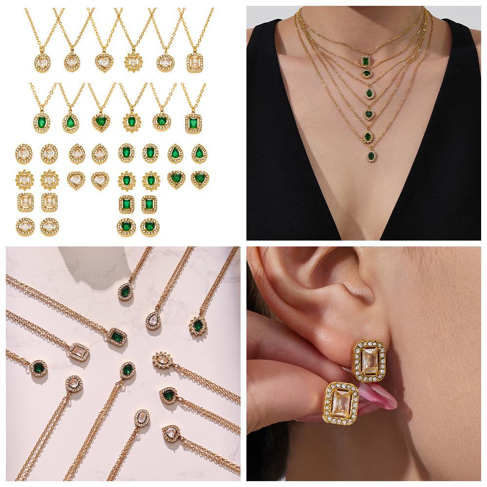 Douyin Trend Wassertropfen Strass Zirkon Anhänger Halskette & Ohrringe Damen Set, 18 Karat Vergoldeter Edelstahl.