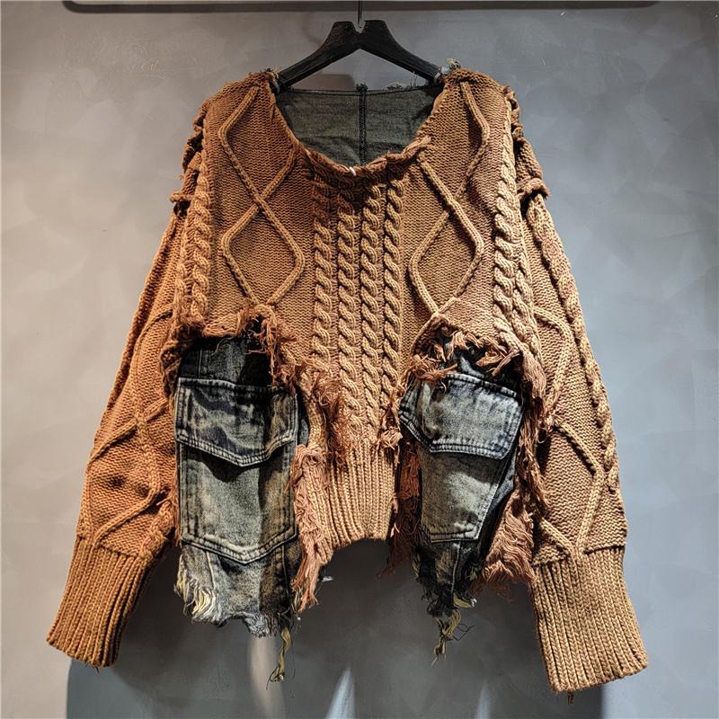 Women Irregular Do Old Pullover Patchwork Pockets Design Vintage Washed Denim Sweater