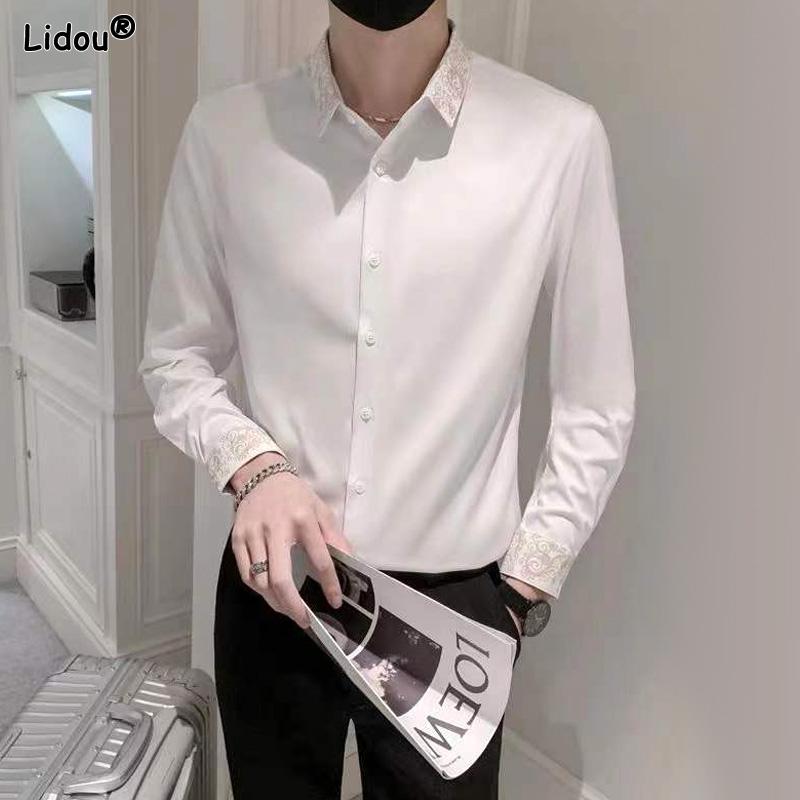 

Handsome Temperament Solid Skinny Turn-down Collar Shirts Business Casual Fashion Office Formal Button Man Men s Clothing 2023 L белый