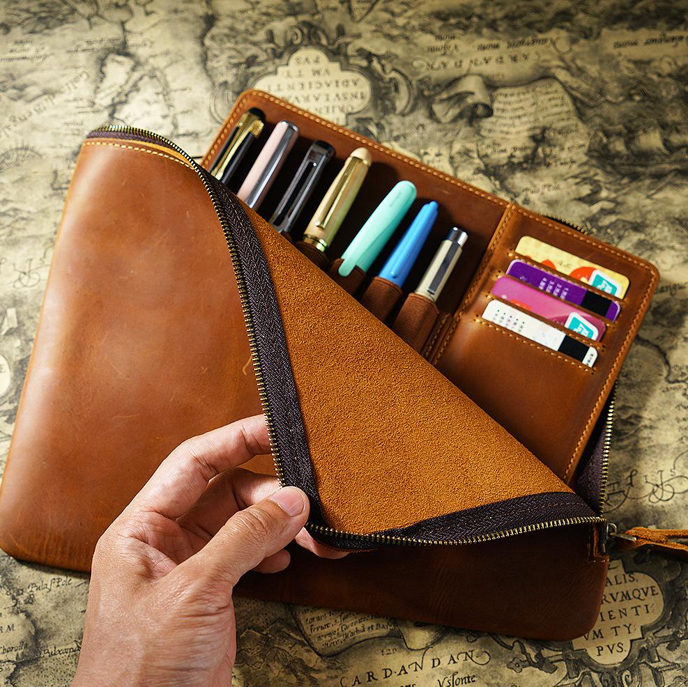 Full Grain Genuine Leather Pencil Pouch with Credit Card Slots Luxury Fountain Pen Sleeve School Office Luxury Gift Crafts