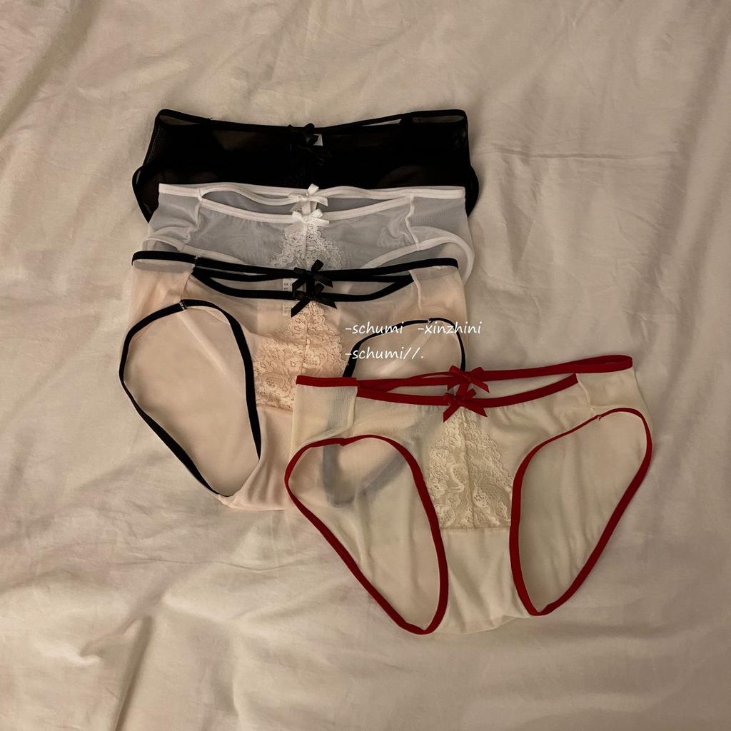Sexy Lace Underwear Women Briefs Solid Female Knickers Thin Bow Hollow Out Low Waist Bikini Panties