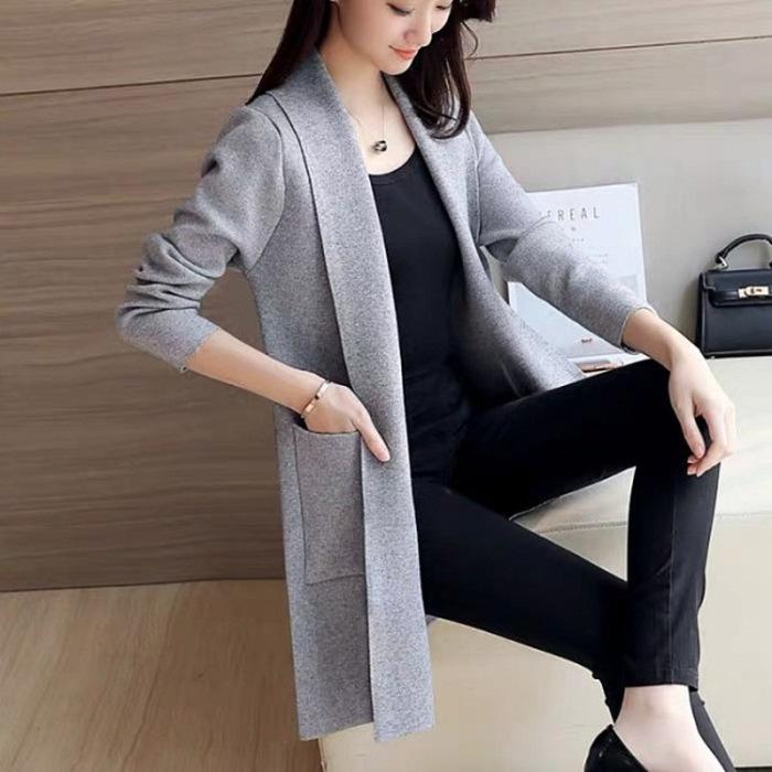 Autumn and winter new Korean version versatile loose pocket medium and long cardigan jacket women's long sleeves