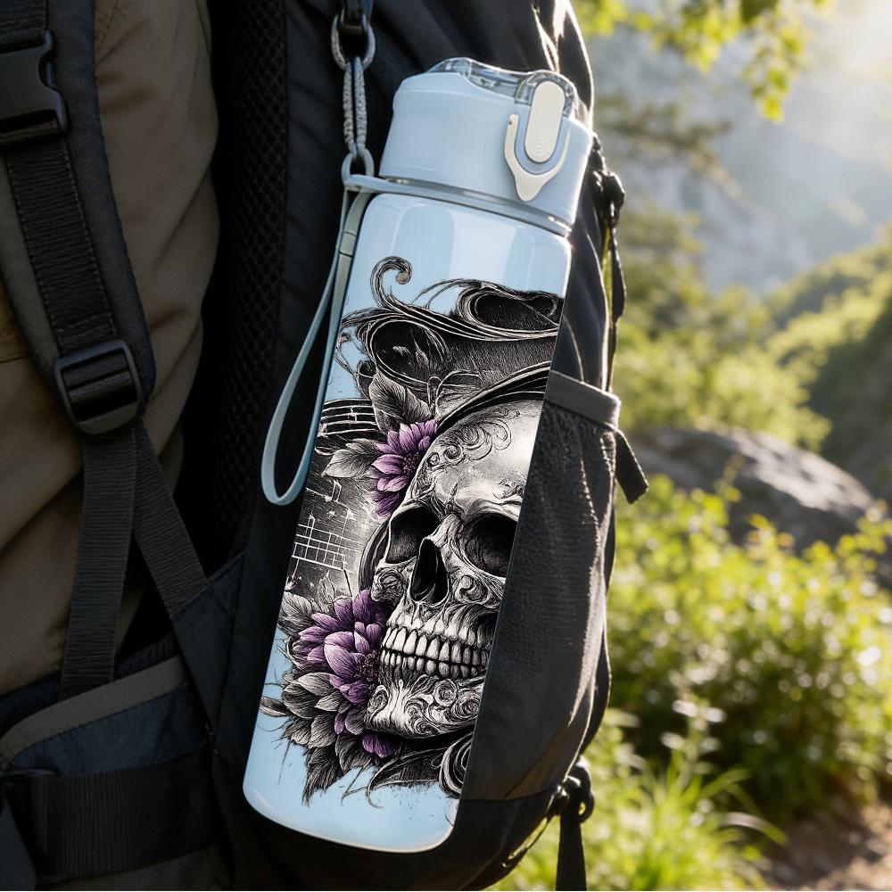 1PC Floral Vine Wrapped Dark Skull Bust 750ml Color Plastic Water Bottle Leakproof Flip Straw Lid For Sports Office Home Use