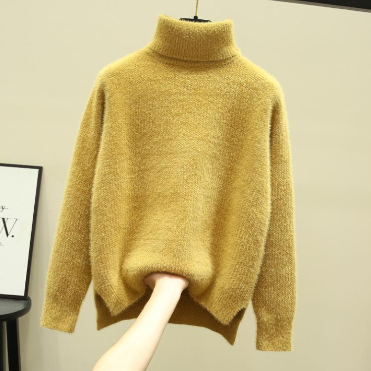 Winter Turtleneck  Thicken Sweater Women Casual Warm Plush Lining Knit Tops Add Velvet Bottomed Blue Pullover