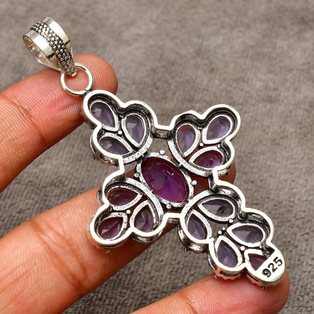 Awesome Amethyst Cross Shape Gemstone Pendant: 925 Sterling Silver Handmade Pendant Necklace Jewelry