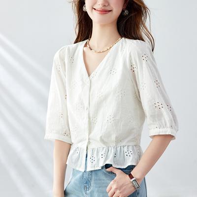 White Embroidered Shirt Women's Short Sleeves Summer New V-neck Top Pure Cotton Women's Shirt