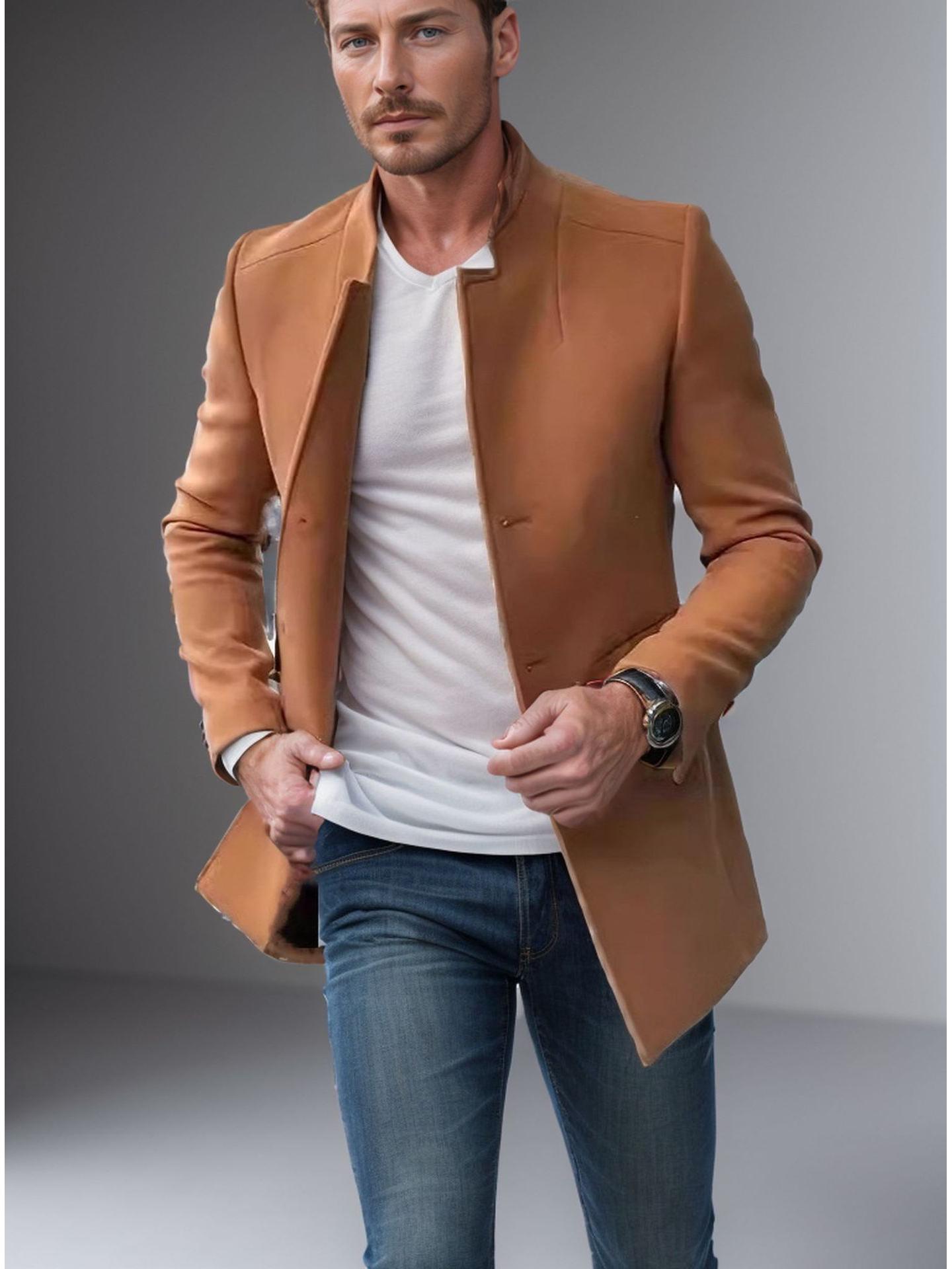 

Men s Slim Fit Woolen Coat - Solid Color, Spring/Autumn Casual Style Suit for Youth L