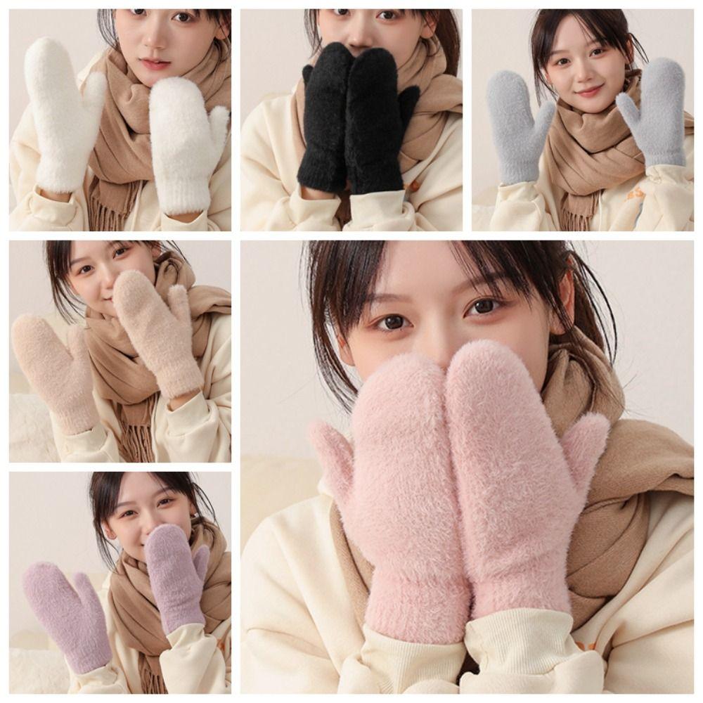 

Full Fingers Knitted Gloves Fleece Winter Mittens Simple Plush Mittens Girls розовый