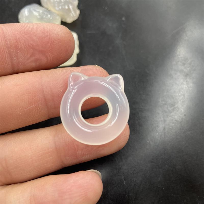 Ice Jade Chalcedony Cat Ear Pendant with Star Moon Charm & Zodiac Ox Ring