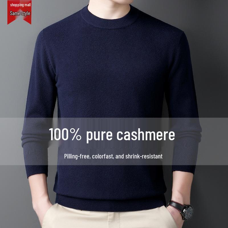 Men's 100% Cashmere Mid-Neck Black Sweater - Thickened Winter Base Layer