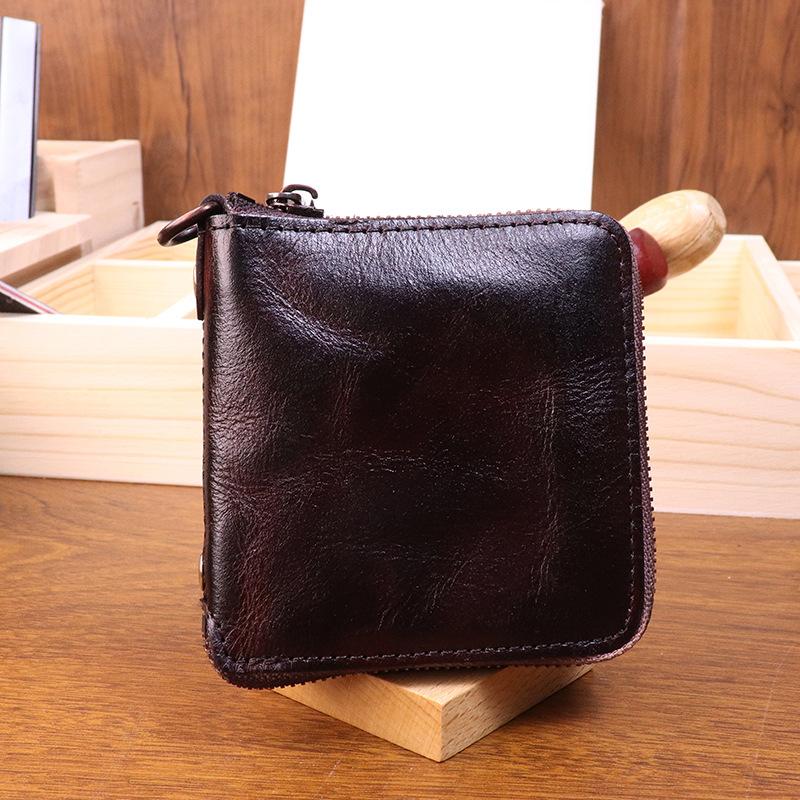 Portafoglio Fatto a Mano in Vera Pelle, Stile Corto Retrò, Vacchetta Lavata conciata al Vegetale, Portafoglio da Uomo alla Moda Personalizzato, Zip, Ampio Portabanconote