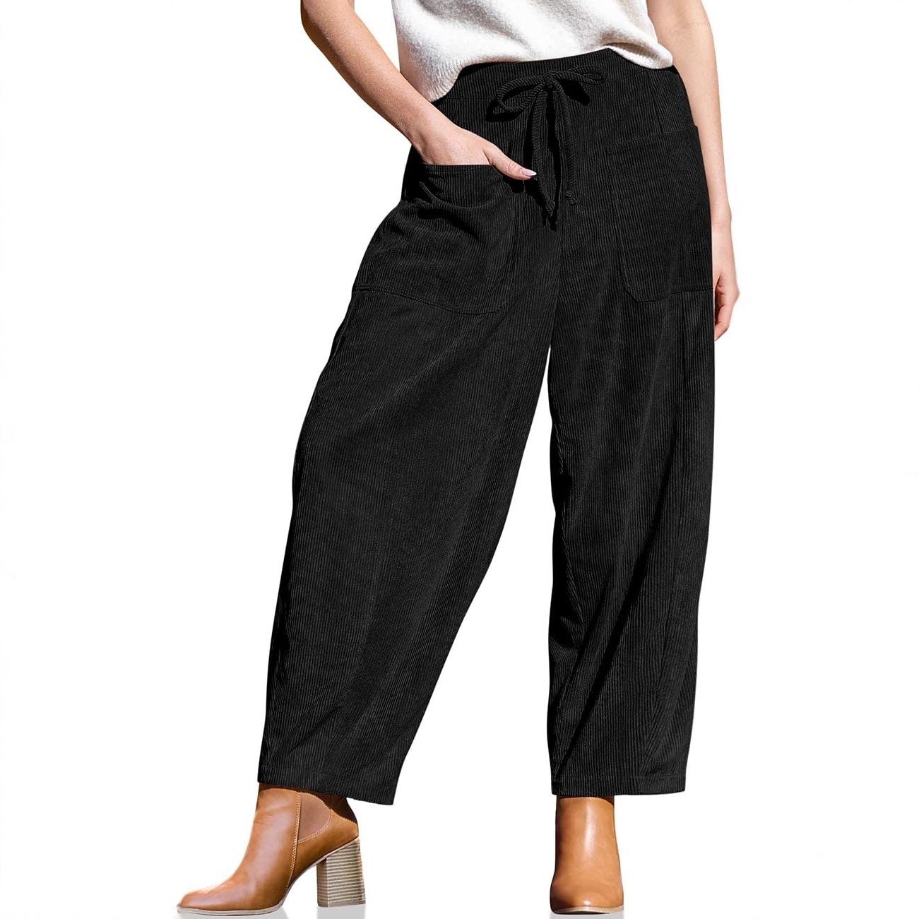 2025 Amazon Women s Corduroy Pants Loose Wide Leg Pants Casual Elastic Waist Palace Harlan Pants with Pockets S чёрный