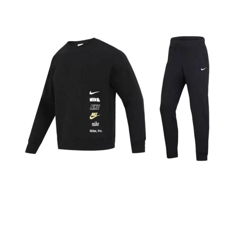 

Nike Толстовка с толстым логотипом, пуловер с круглым вырезом, топ с длинным рукавом, удобные брюки средней посадки, повседневный спортивный костюм, комплекты унисекс, черный 716831-010+DX0782-010 L