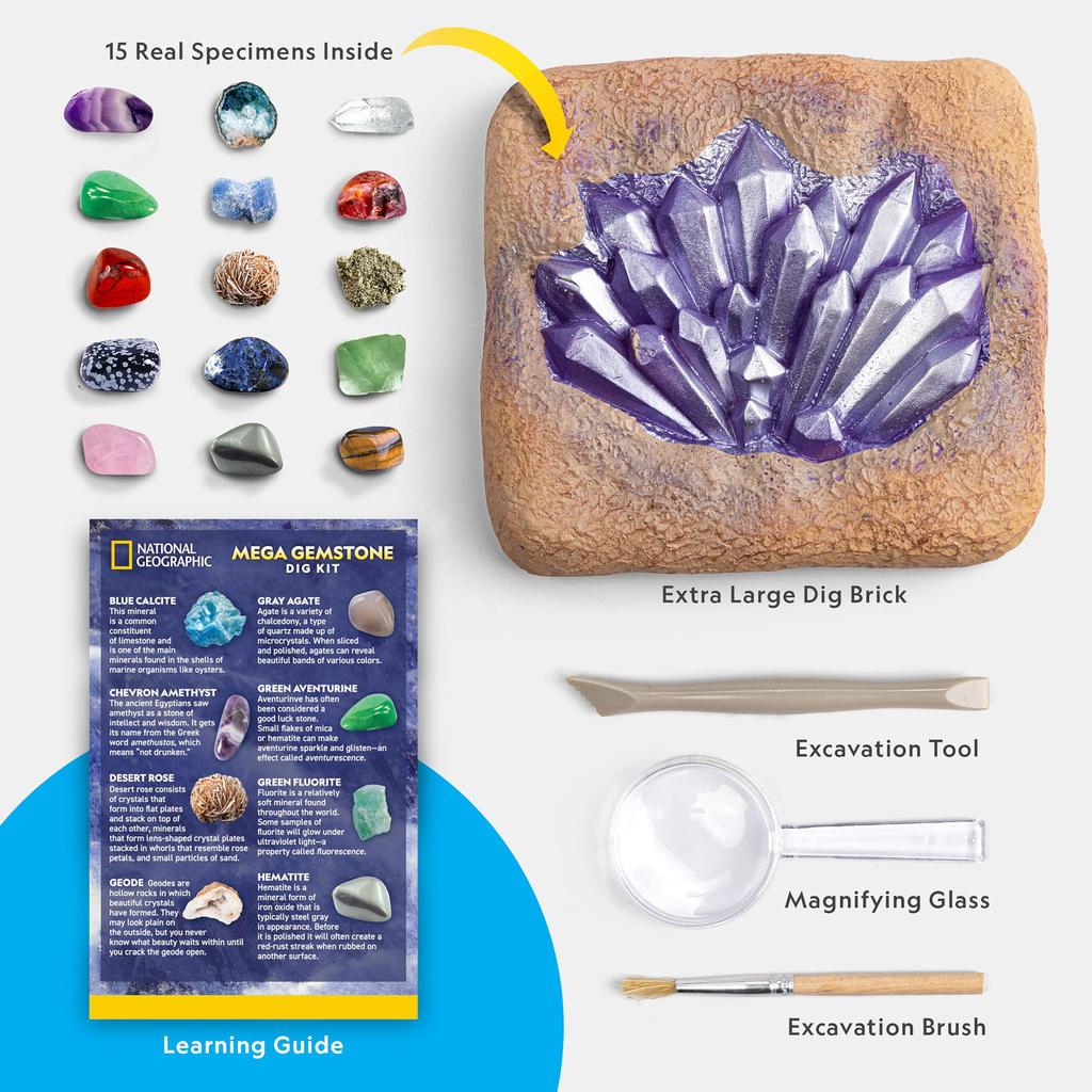 National Geographic Mega Gemstone Excavation Kit A science kit to excavate 15 real gemstones and A great gift for girls and A mining kit for mineral –