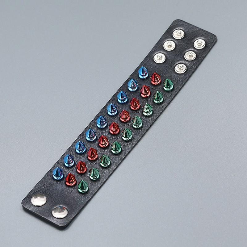 Three Rows Of Colorful Spikes Exaggerated Punk Leather Bracelet