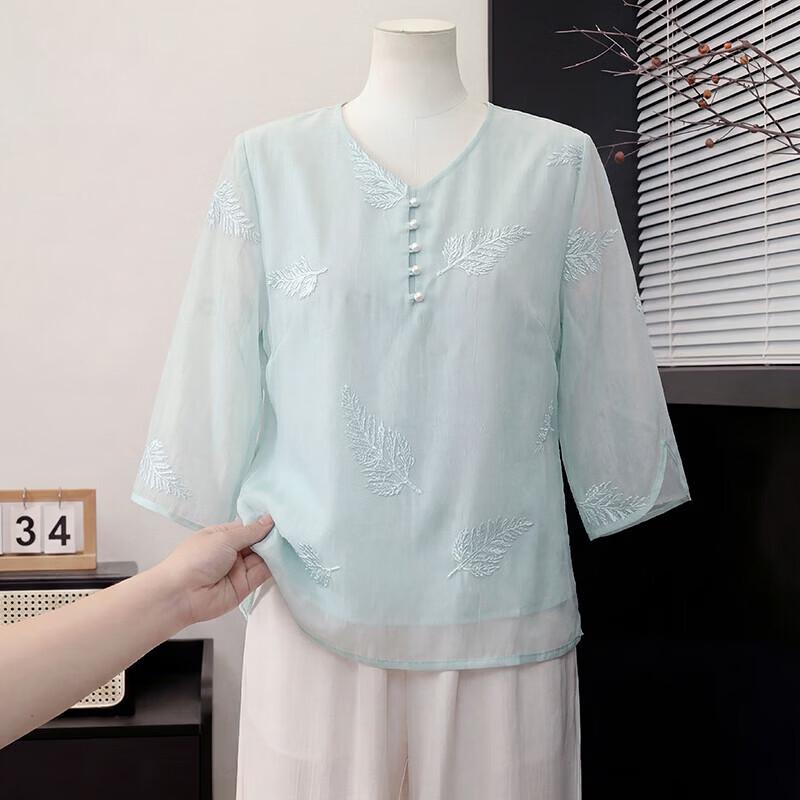 Xuexi Mom s 2026 Summer Embroidered Chiffon Blouse for Middle-Aged Women 2XL (120-135 lbs)