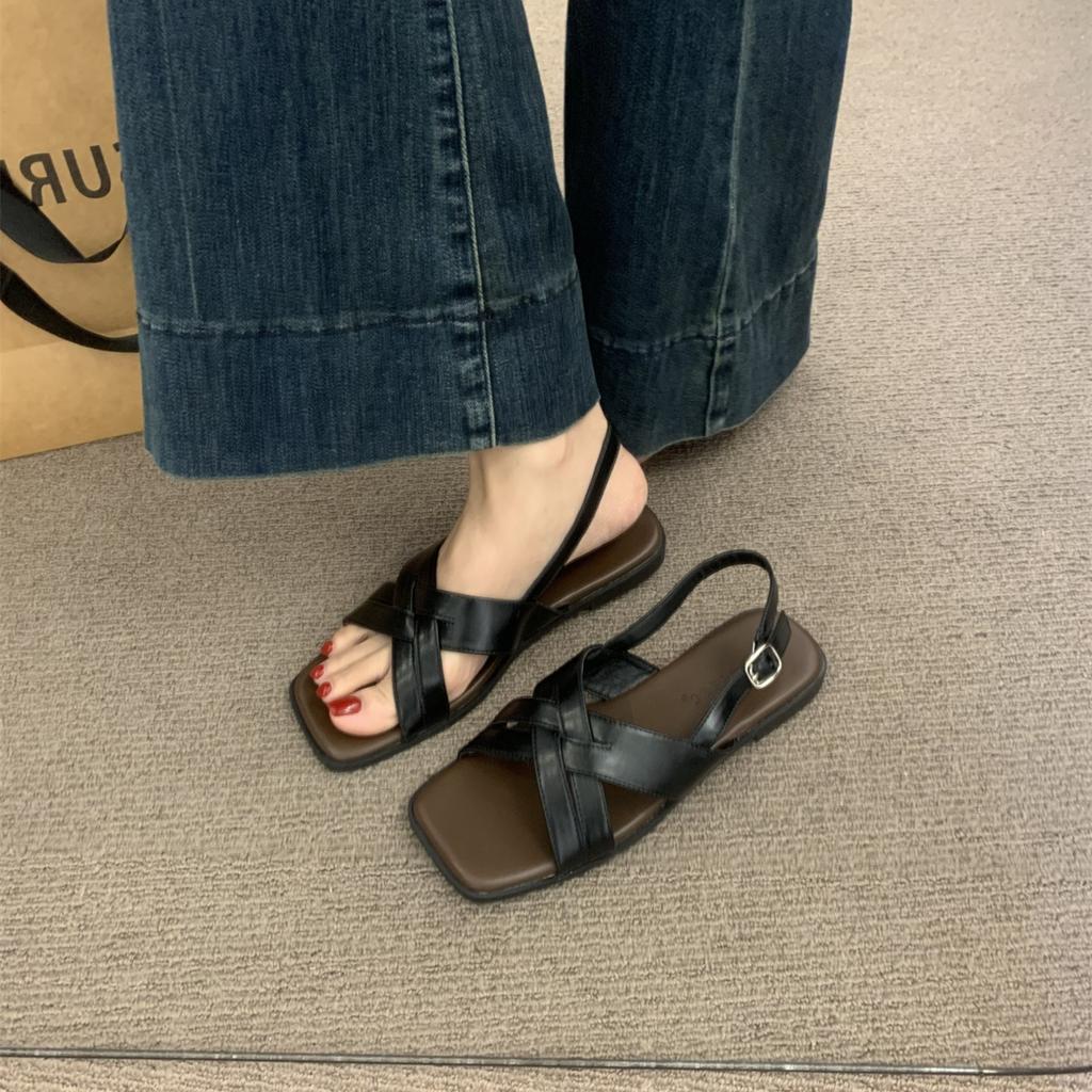 Fashion Open Toe Comfort Shoes for Women Roman Sandals Breathable Cross 2025 Summer Peep Retro Gladiator New Square Girls Flat Scandals