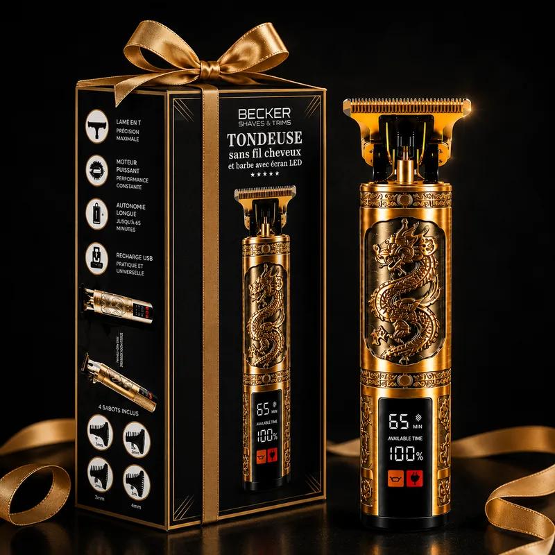 Becker - Dragon Gold - Tosaerba Senza Fili Per Capelli E Barba Per Uomo Con Schermo Led Dorato