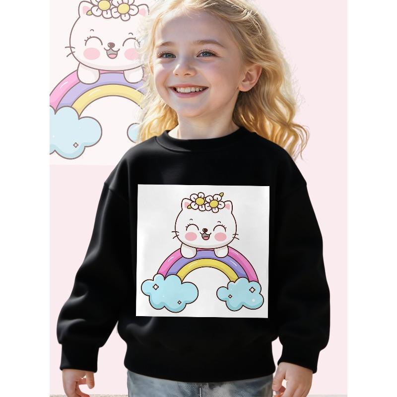 Long Sleeve Crewneck Sweatshirt Featuring a "Kawaii Cat on a Rainbow" Print for Girls And Boys - a Soft