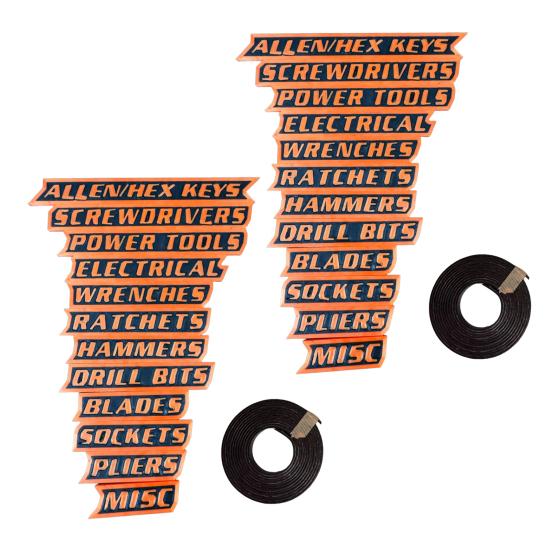 

Magnetic Toolbox Labels Waterproof Tool Box Drawer Tags Oil-Proof PVC Organizer Tags for Workshop Garage Tool Storage System 24PCS