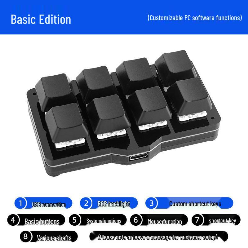 USB Custom Compact Mechanical Keyboard: 8-Key Programmable Macro Shortcut for Password Entry and Game Assistance
