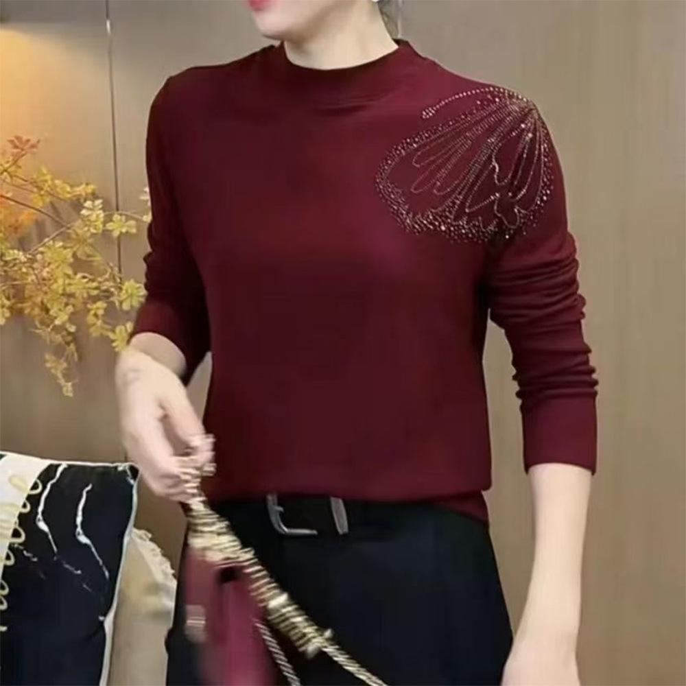 

Elegant Butterfly Hot Drilling Long Sleeve Top - Semi-High Neck, Age-Reducing, Tummy-Concealing Base Layer for Mom, Autumn/Winter Fashion. M