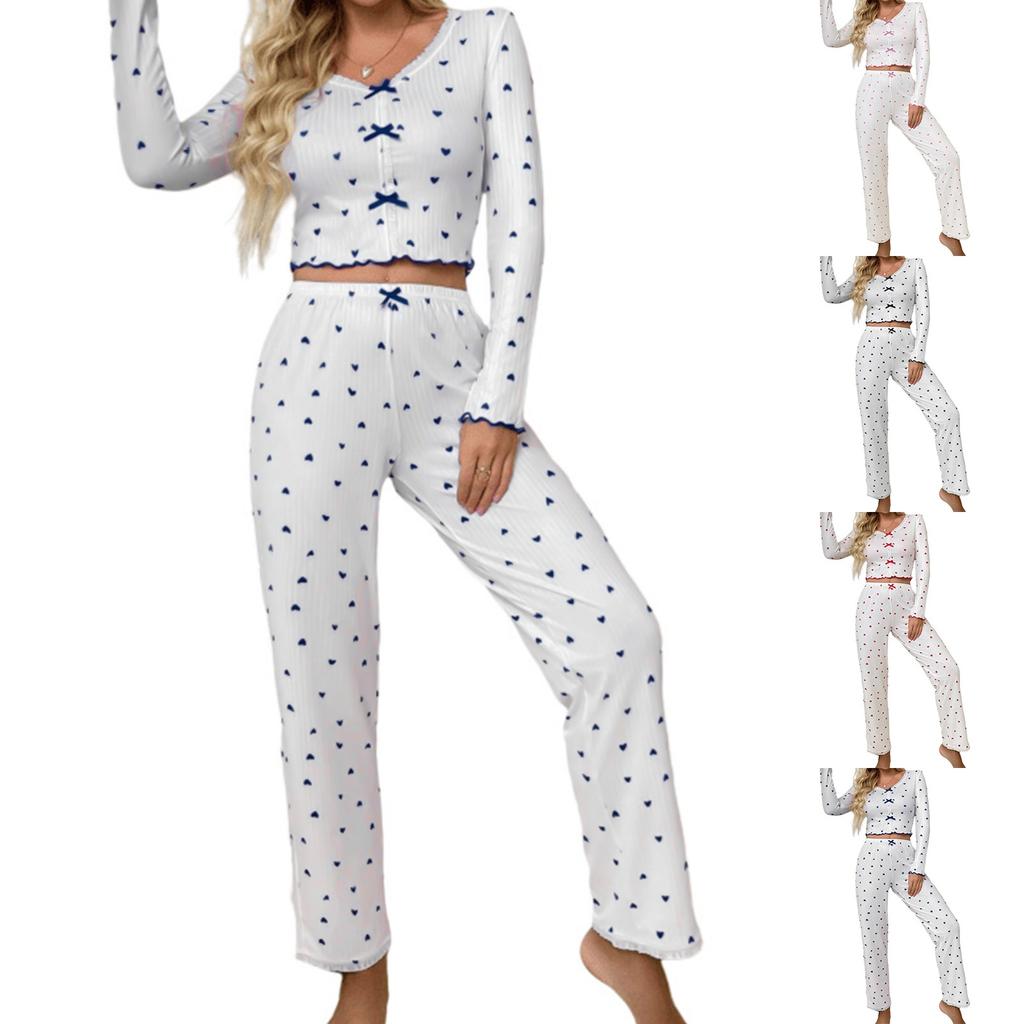 Women's Home Clothes Pajamas Long Sleeved Pants Loose And Comfortable Sexy Lace Love Print V-neck Two-piece Set