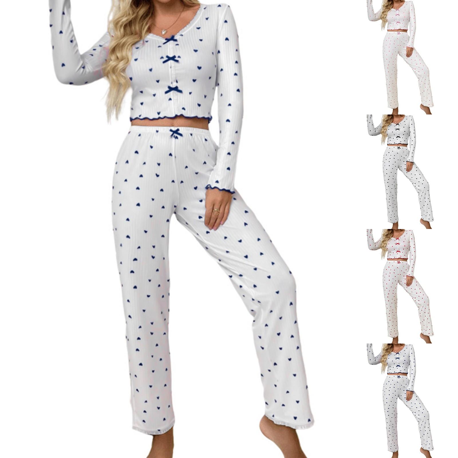 

Women s Home Clothes Pajamas Long Sleeved Pants Loose And Comfortable Sexy Lace Love Print V-neck Two-piece Set M рожевий