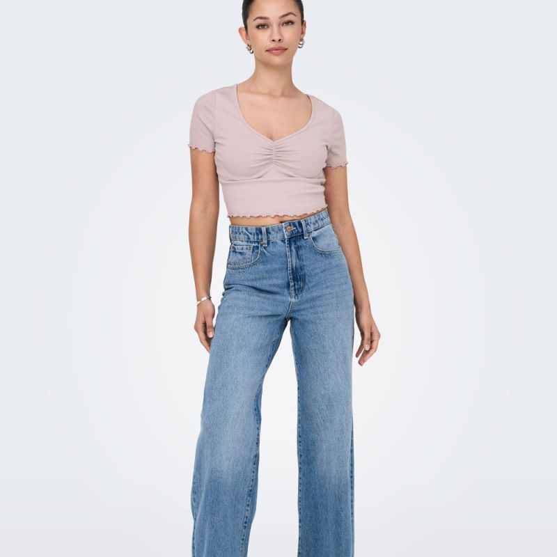 Top crop betty col v manches courtes Femme ONLY