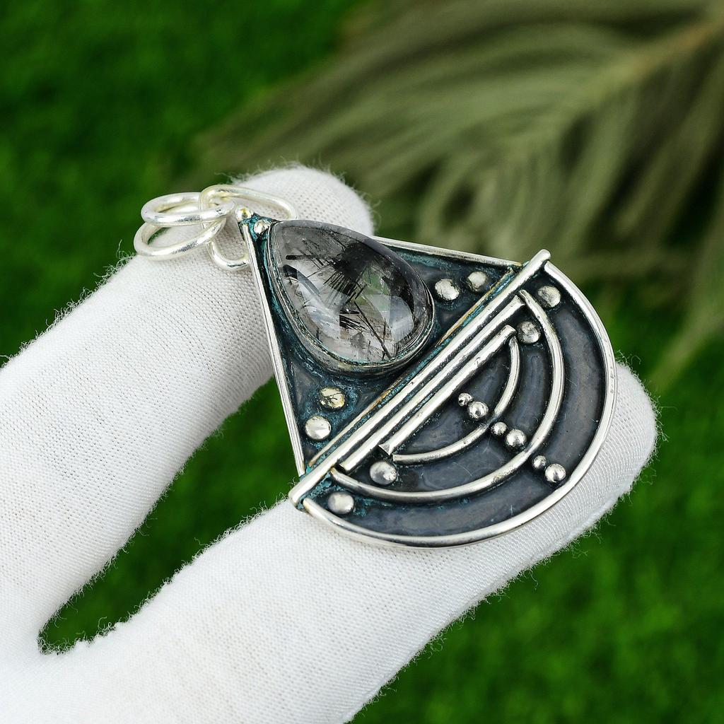 Natural Black Rutile Gemstone Pendant 925 Sterling Silver Jewelry For Girls