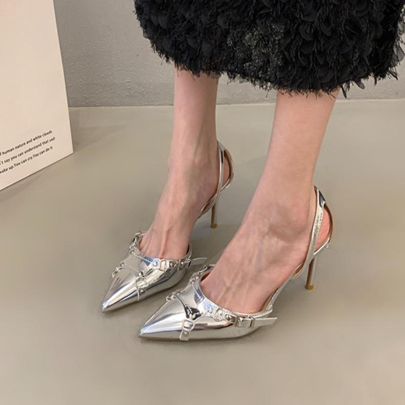 Fashion Silver High Heels Sandals Women Summer 2025 Punk Goth Pointed Toe Party Shoes Woman Metallic Thin Heeled Dress Pumps Ladies