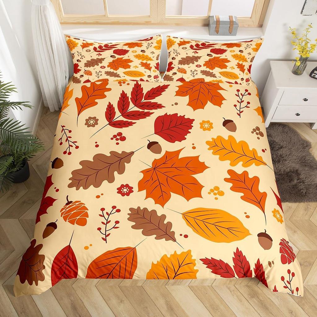 Hapy Thanksgiving Soft Duvet Cover Fal Maple Leaf Beding Set Microfiber Gnome Gold Pumpkin Farm Harvest Warm Comforter Cover Twin King