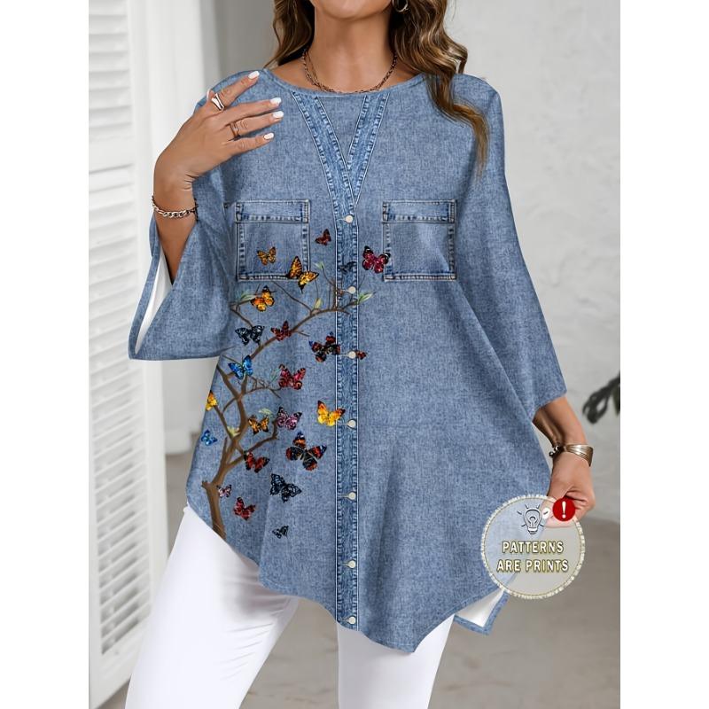 Floral Print Denim‑Effect Women 3/4 Sleeve Pocket Tunic Shirt
