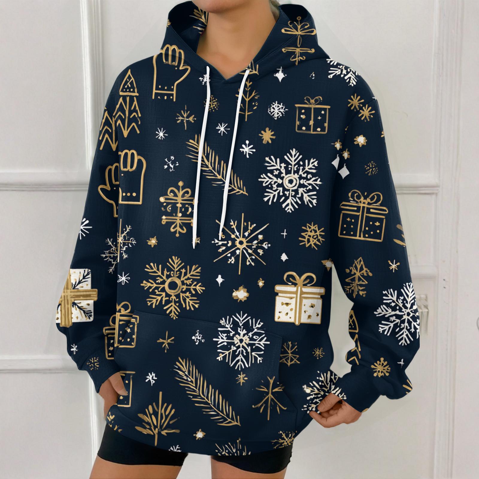 

Женская модная толстовка с рождественским принтом, повседневная толстовка с капюшоном и карманами L
