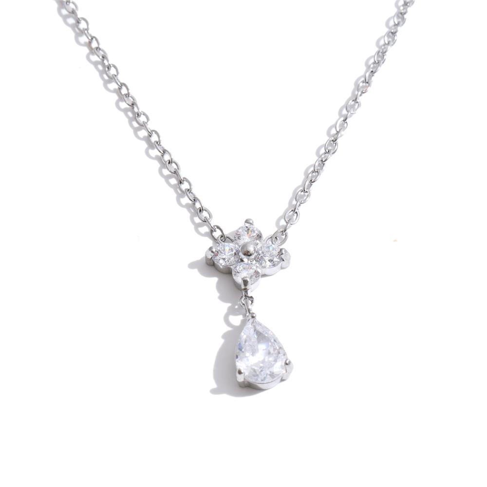 Yhpup Stainless Steel Flower Cubic Zirconia Drop Necklace Delicate Fresh Summer Collar Chic Jewelry for Women Waterproof Gift