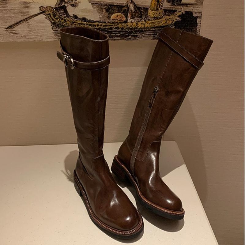

Women Boots Knee High New Autumn Winter Washed Horseskin Round Head Belt Buckle Thick Soled Knight Boots Square Heels Women Shoe 40