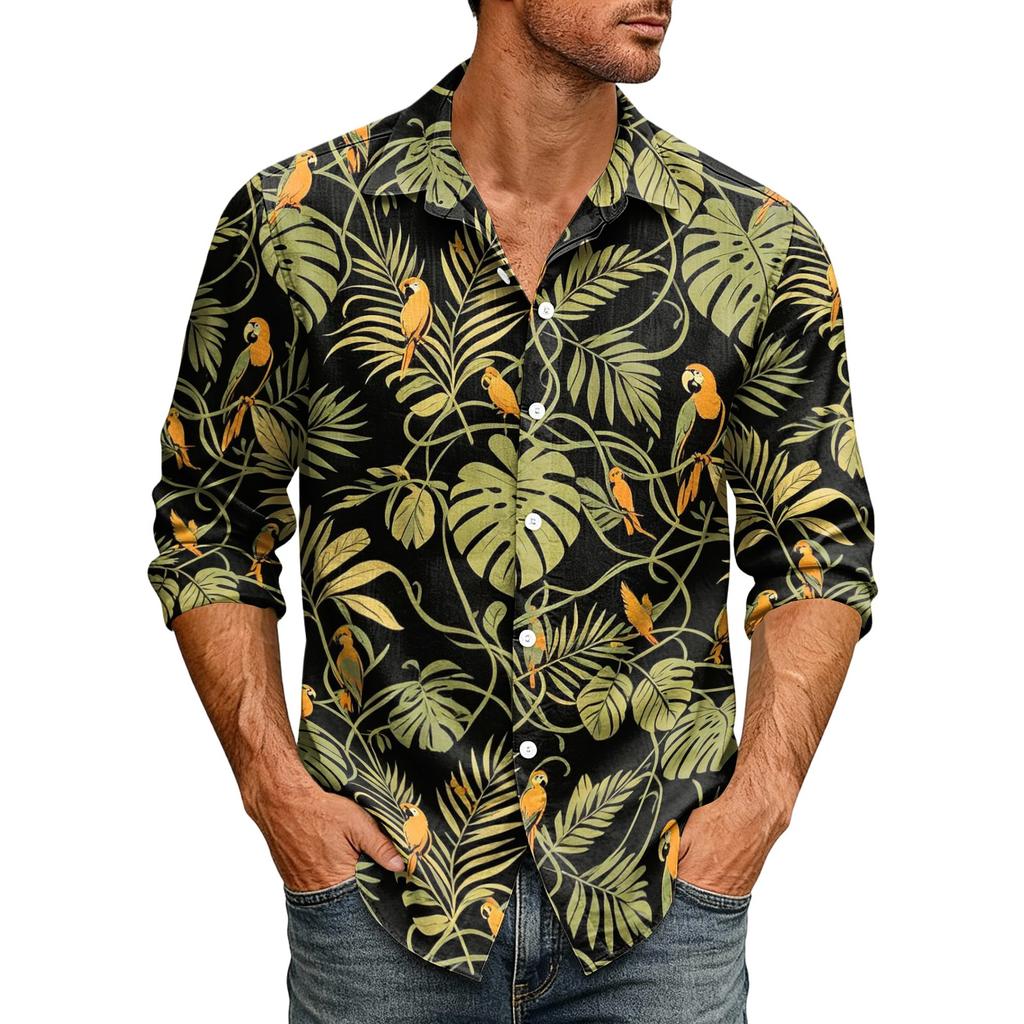Men's Loose Fit Long Sleeve Shirt Hawaiian Style Button Down Collar Casual Vintage Shirt Suitable for Spring and Autumn Wear