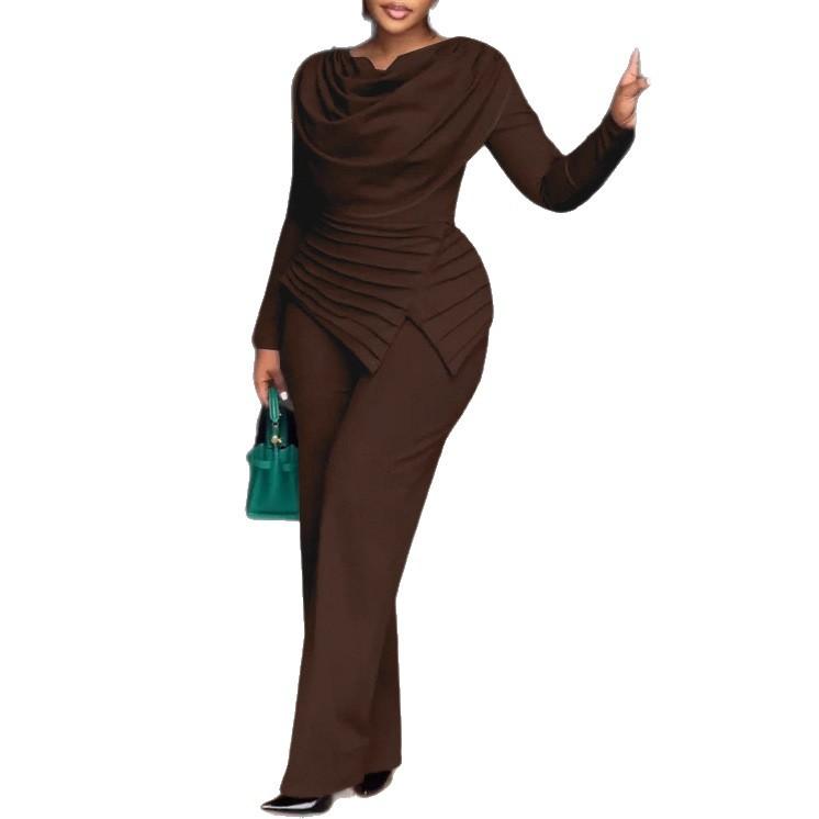 Womens Asymmetric Draped Long Sleeve Top and Wide Leg Pants Two Piece Set