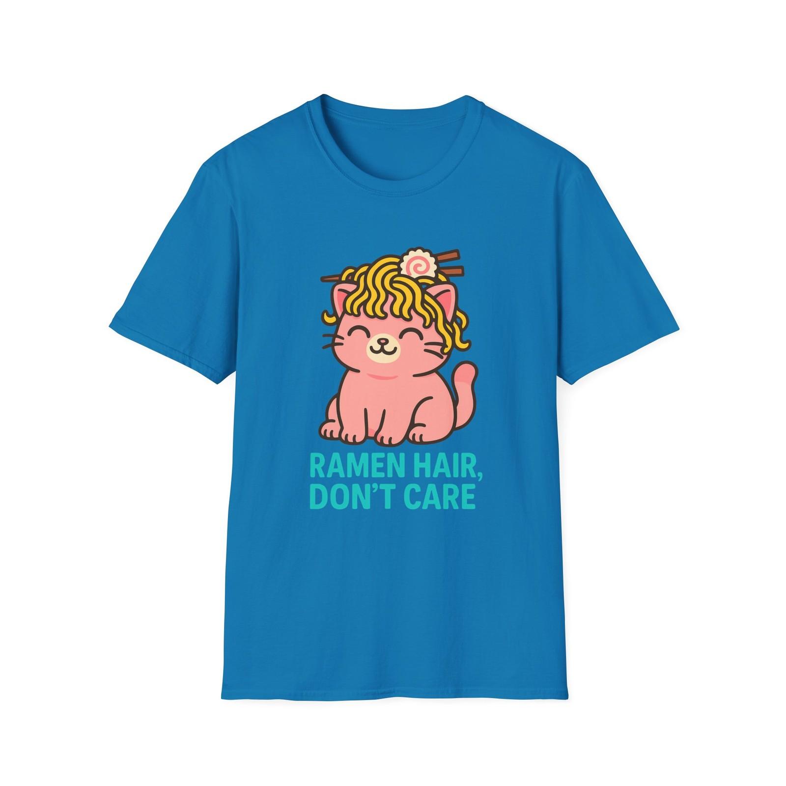 Unisex Softstyle T-Shirt Mens Womens Tees Top Smug Kitten Funny Ramen Hair Don’t Care Foodie Cat Tee L