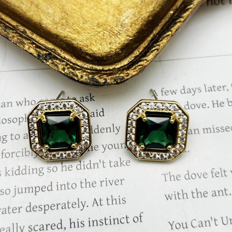 Средневековые Винтажные Серьги-гвоздики Квадратные Латунные Полностью Циркониевые с Бахромой Простые Модные Повседневные зелёный